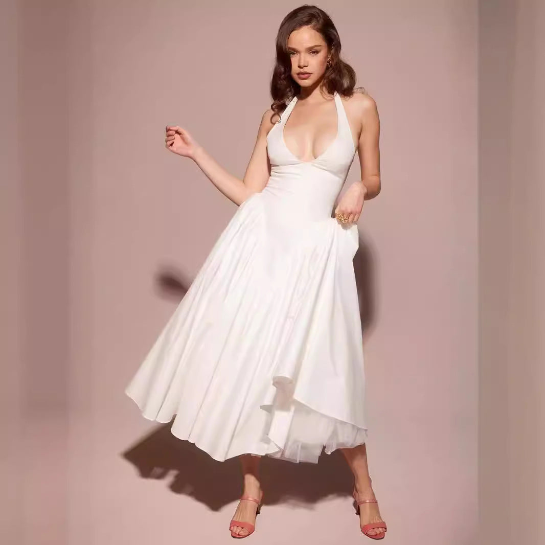 Dame Elegant A-linje kjole med dyb V-udskæring og svingende nederdel Stilla