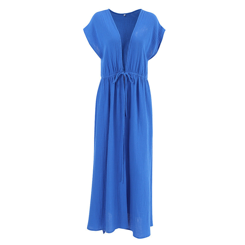 Dame afslappet omslagskjole med elastisk talje og fashionable V-udskæring Stilla