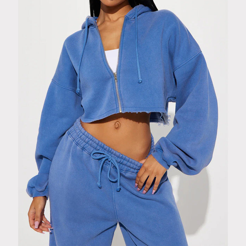 Dame afslappet oversized cropped sæt med lynlås og brede ben Stilla