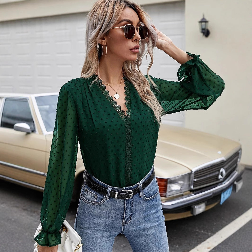 Dame Elegant Bluse med Spidsdetaljer og gennemsigtige Pufærmer Stilla