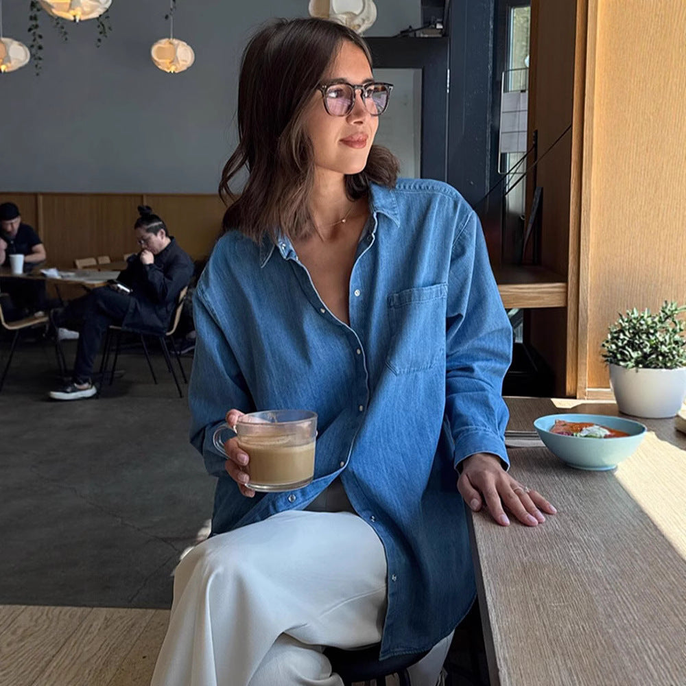 Dame afslappet Denim-skjorte med praktiske lommer Stilla