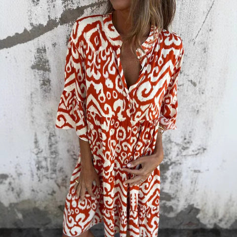 Dame afslappet bomulds kjole med V-udskæring og voluminøse ærmer Stilla