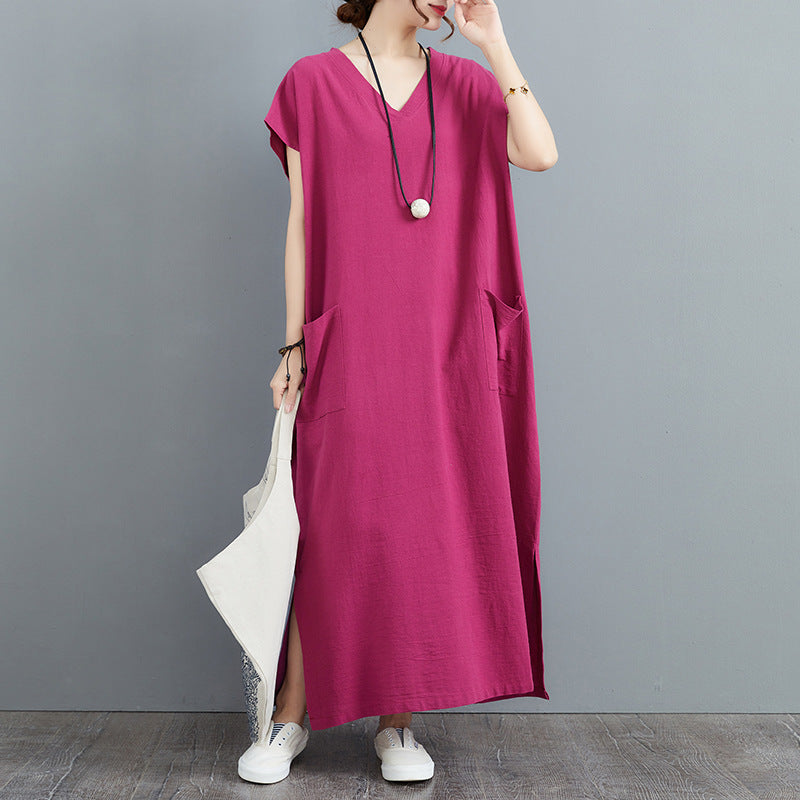 Dame afslappet maxikjole med V-udskæring og praktiske lommer Stilla