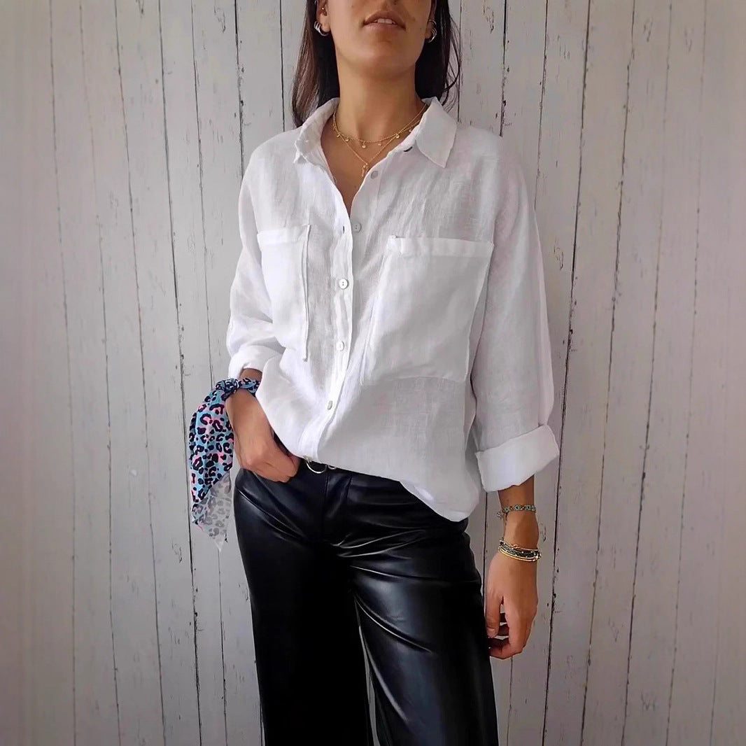 Dame afslappet linned bluse med brystlommer og opfoldede ærmer Stilla