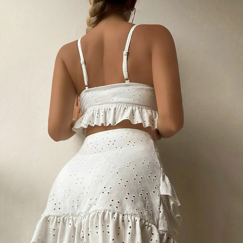 Dame Crop-Top og Skørt Sæt med blomsteret Volangdesign Stilla