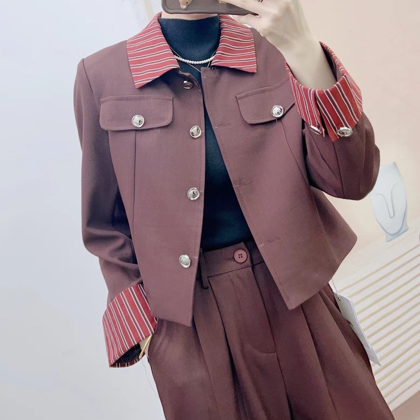 Dame Elegant Blazer-Bukse-Sæt med højtaljede bukser og moderne krave Stilla