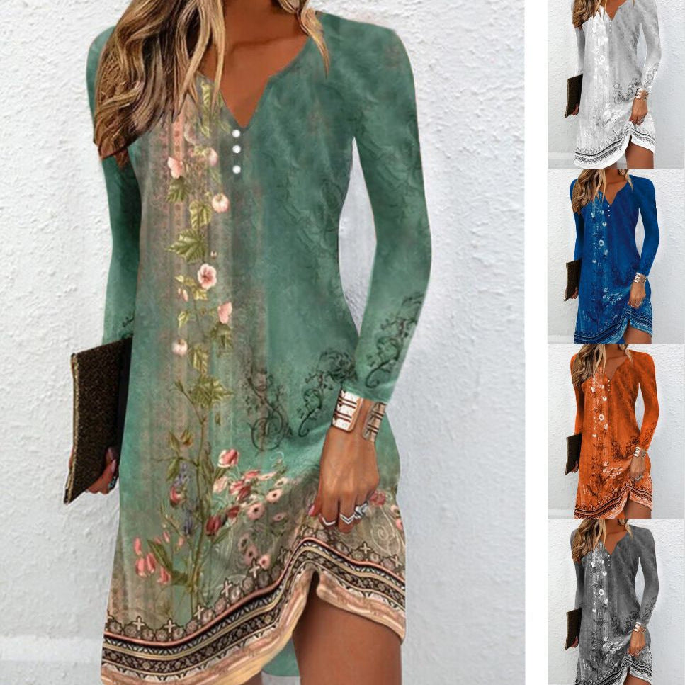 Dame afslappet strandkjole med blomster motiv og knapliste Stilla