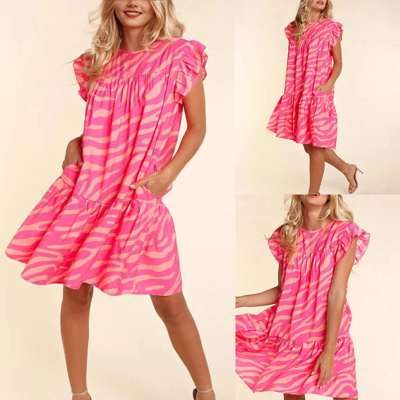 Dame afslappet kortærmet kjole med glædeligt zebra-mønster og voluminøs flæsekant Stilla