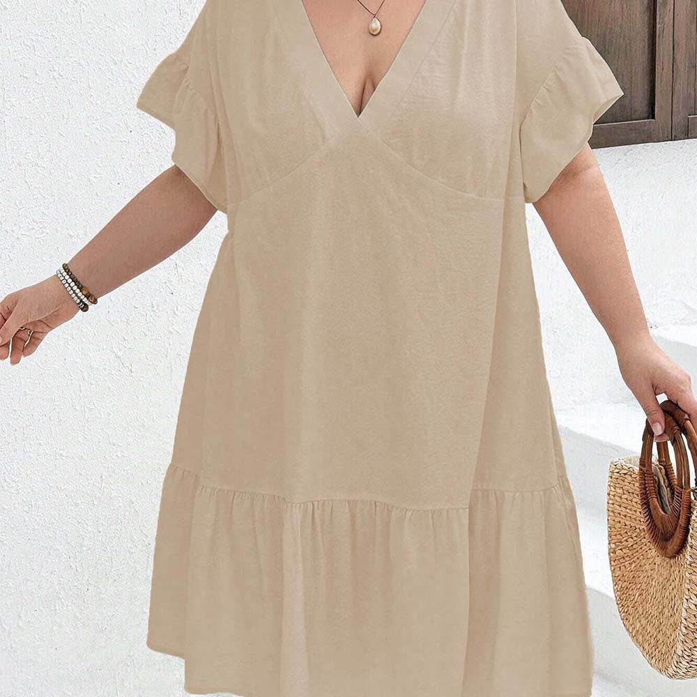 Dame afslappet sommerkjole med V-udskæring og flæsekant Stilla