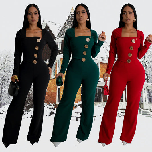 Dame Elegant Jumpsuit med firkantet udskæring og raffinerede knapdetaljer Stilla