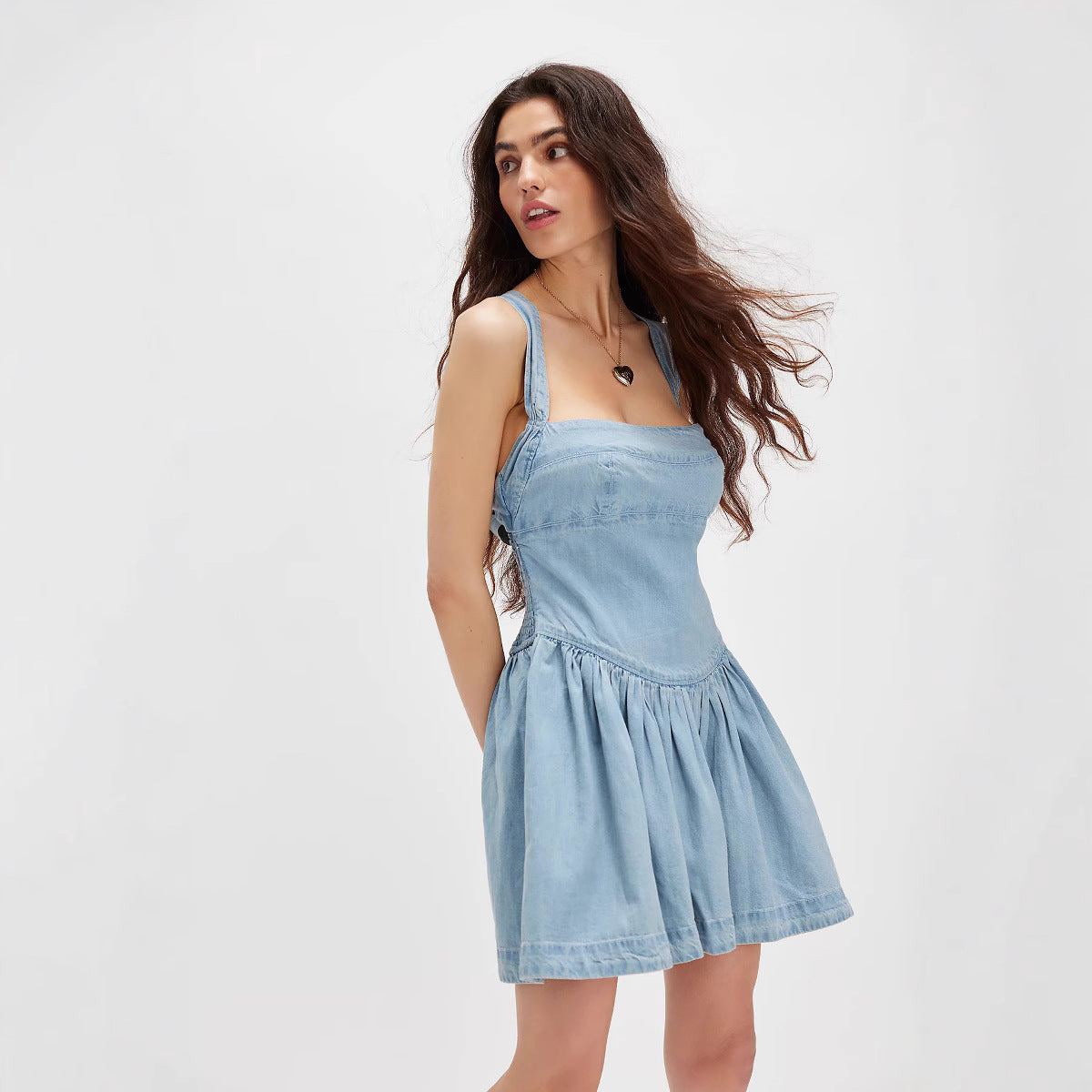 Dame Denim Sommerkjole med blomsteroverdel og udskåret nederdel Stilla