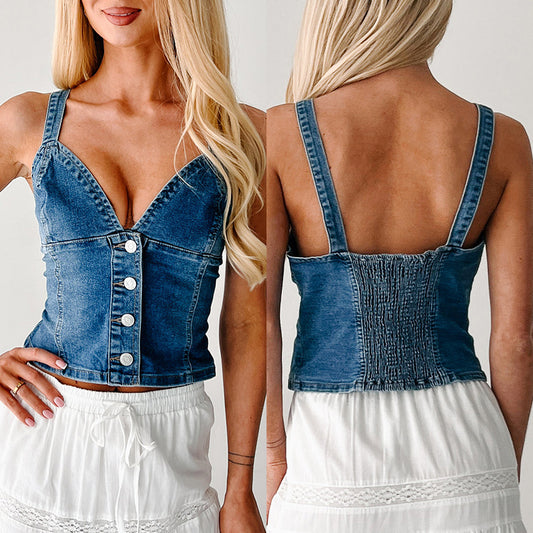 Dame Denim Bustier-top med knaplukning og forførende udskæring Stilla
