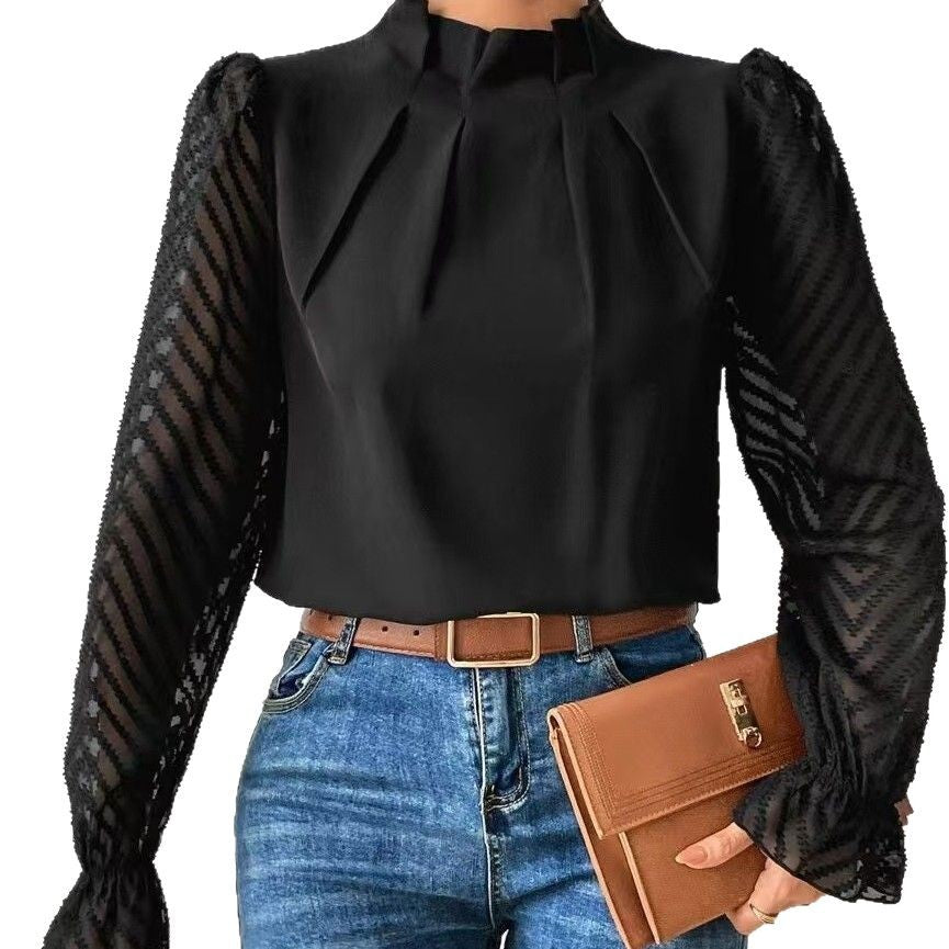 Dame Elegant bluse top med flæse detaljer og gennemsigtige ærmer Stilla