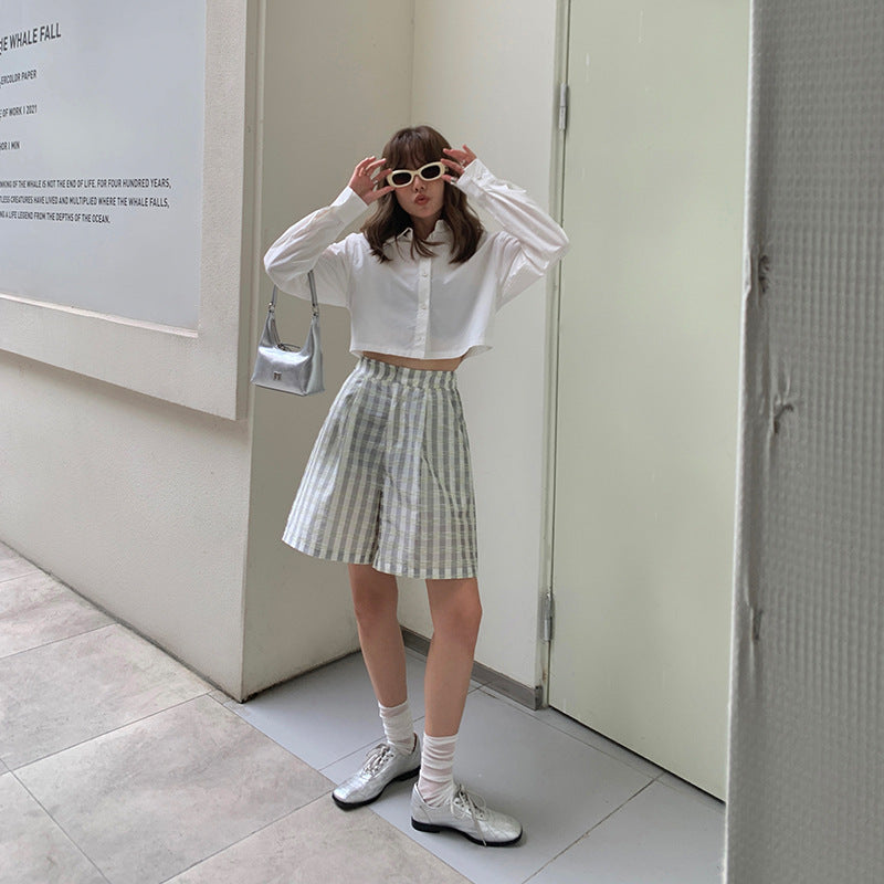 Dame cropped skjorte med lange ærmer og klassisk krave Stilla