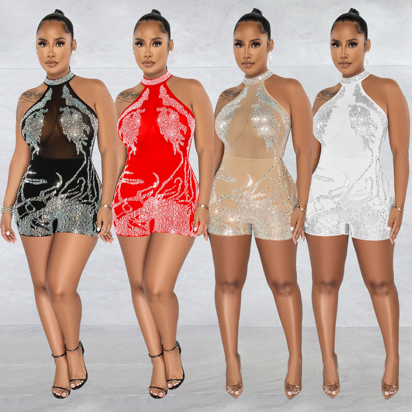 Dame Glamourøs Bodycon Jumpsuit med transparent overmateriale og funkende accenter Stilla