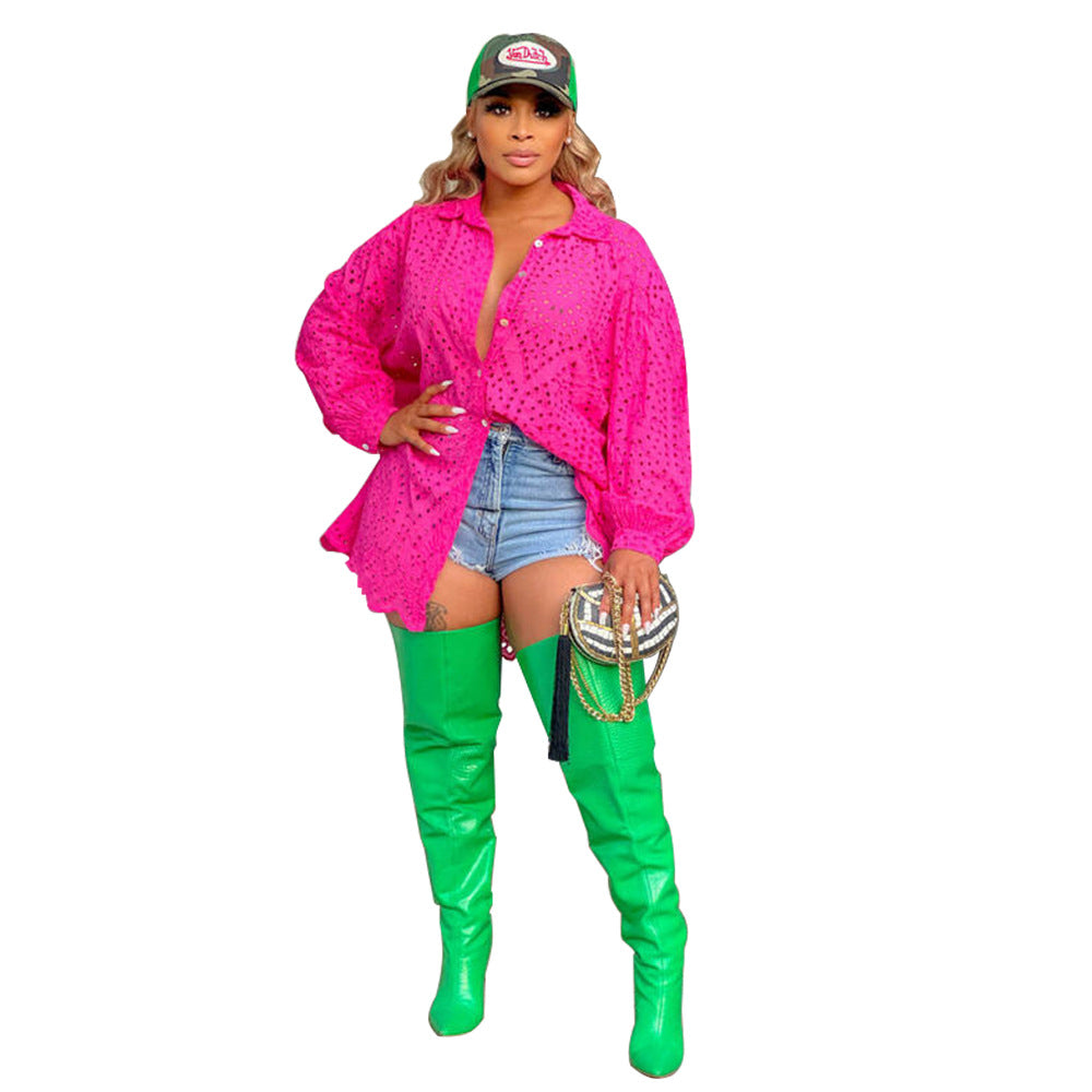 Dame afslappet oversized-bluse med hulmønster og skjortekrave Stilla