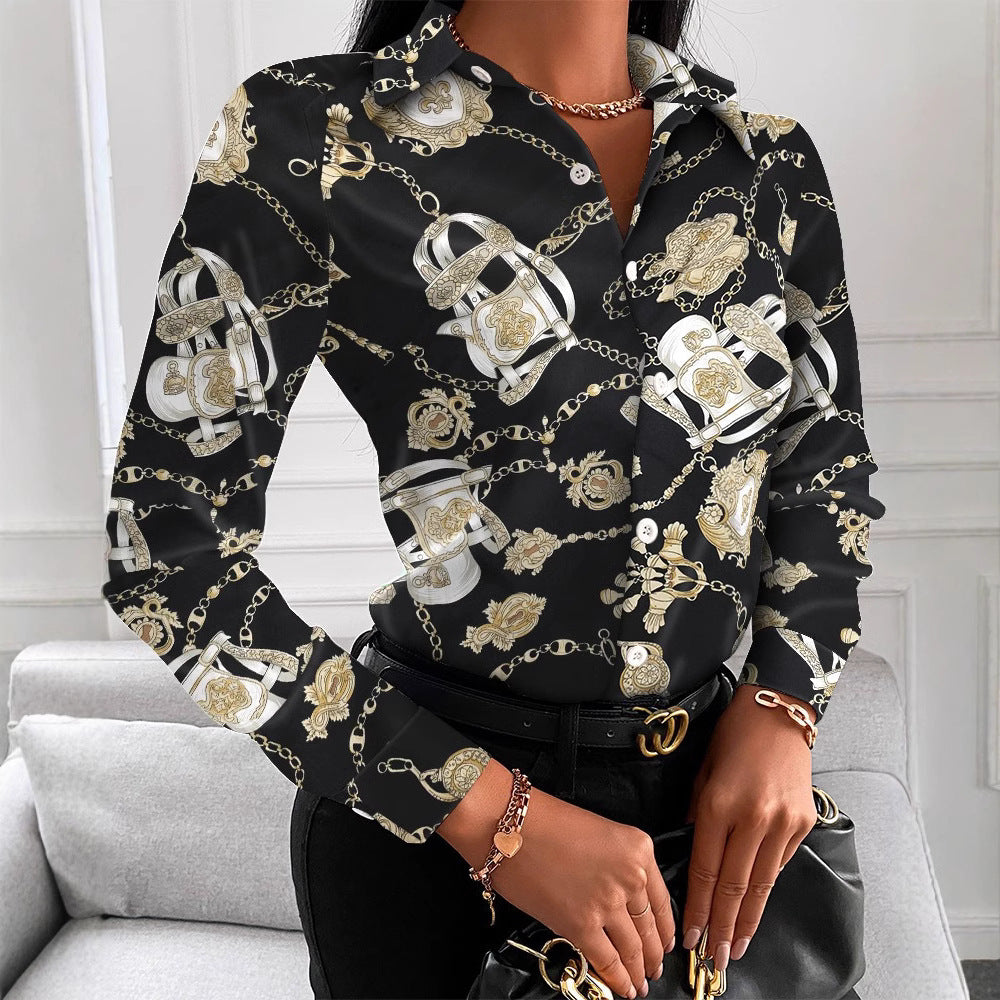 Dame Elegant Bluse med kunstnerisk tryk og fine detaljer Stilla