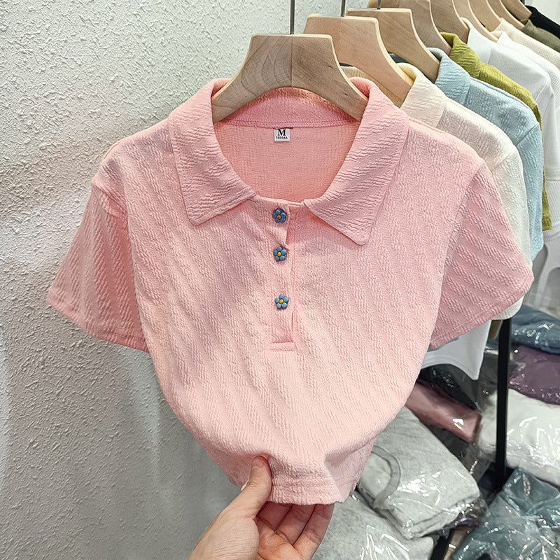 Dame Struktureret Korte Ærmer Polo T-shirt med Blomsterknapper Stilla