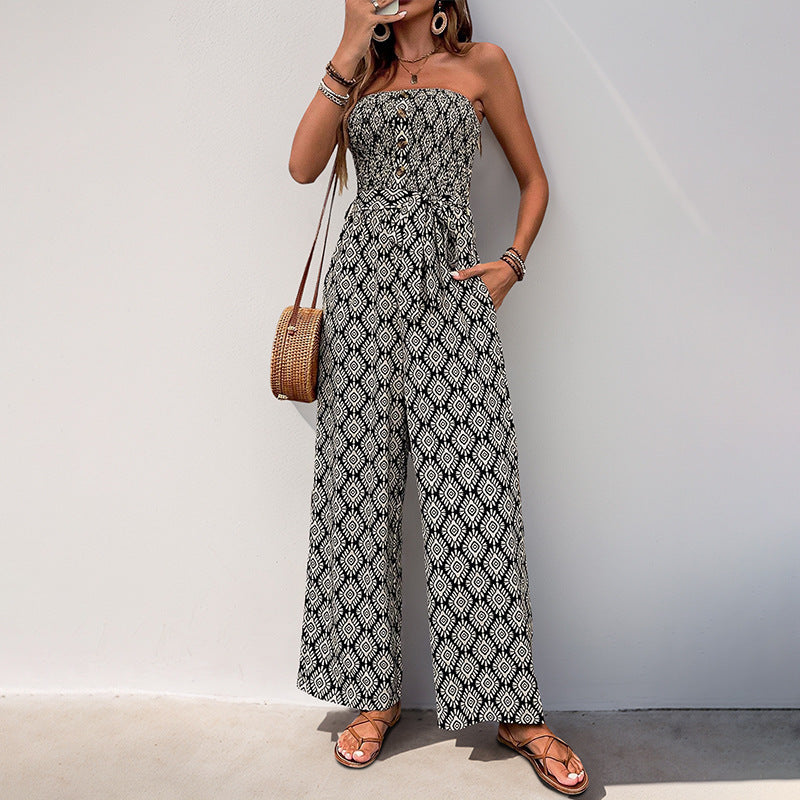 Dame hverdag jumpsuit med elastisk overdel og modigt mønster Stilla