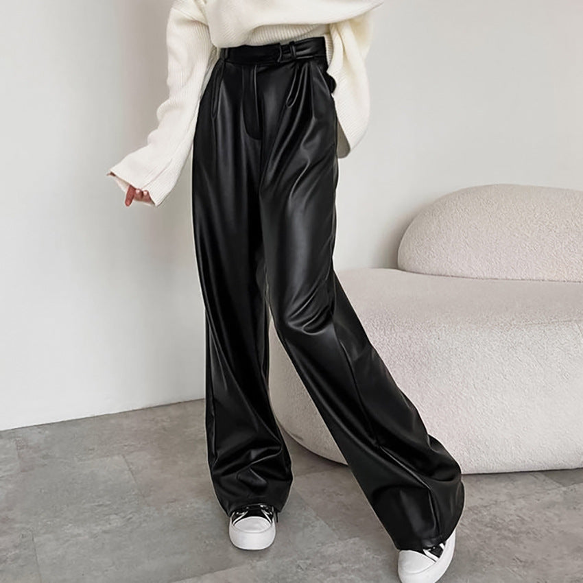 Dame Elegant Høj Talje Kunstlæderbukser med Bred Ben og Bælte Stilla