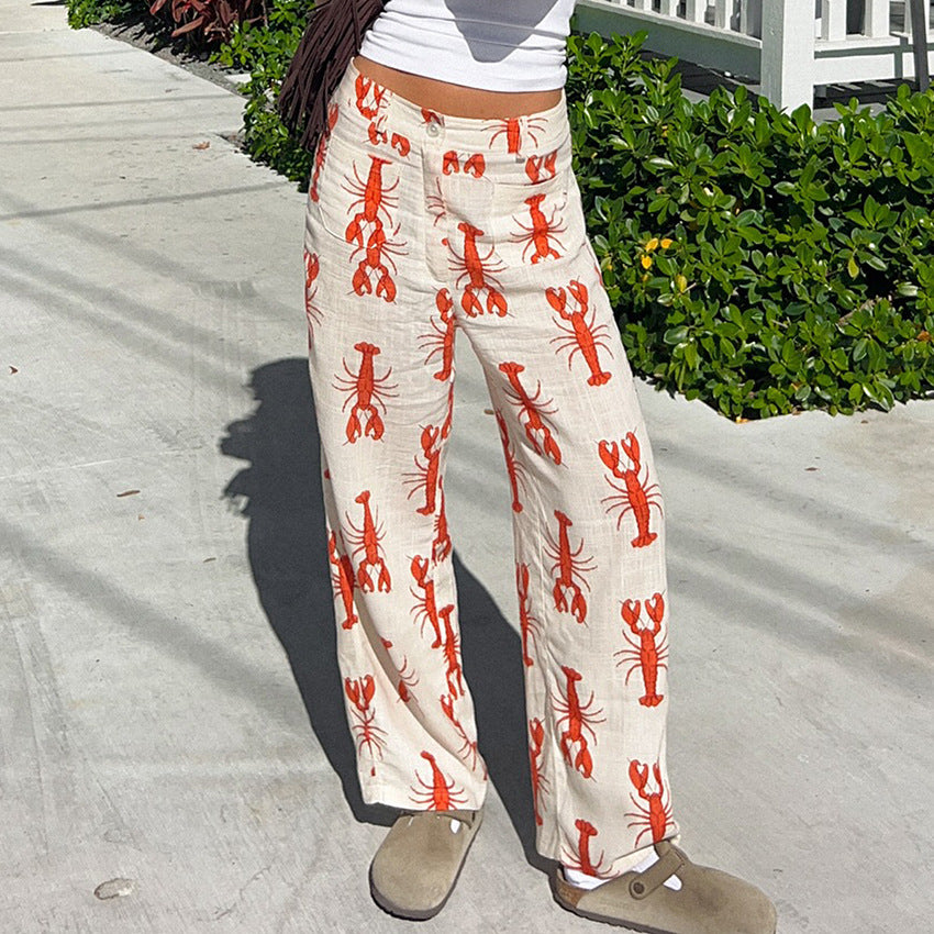 Dame afslappede linnedbukser med maritim hummermotiv og løs pasform Stilla