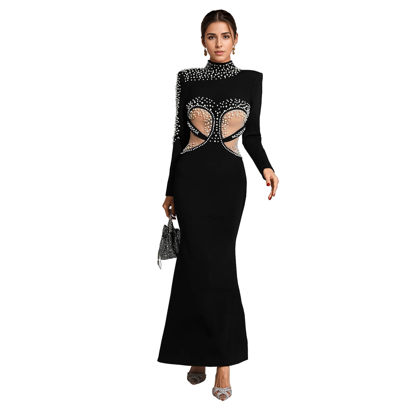 Dame Elegant Bodycon Aftenkjole med Rhinsten dekorationer og Cut-Out detaljer Stilla