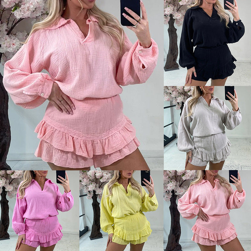 Dame fritidsbluser og shorts sæt med flæse detaljer Stilla