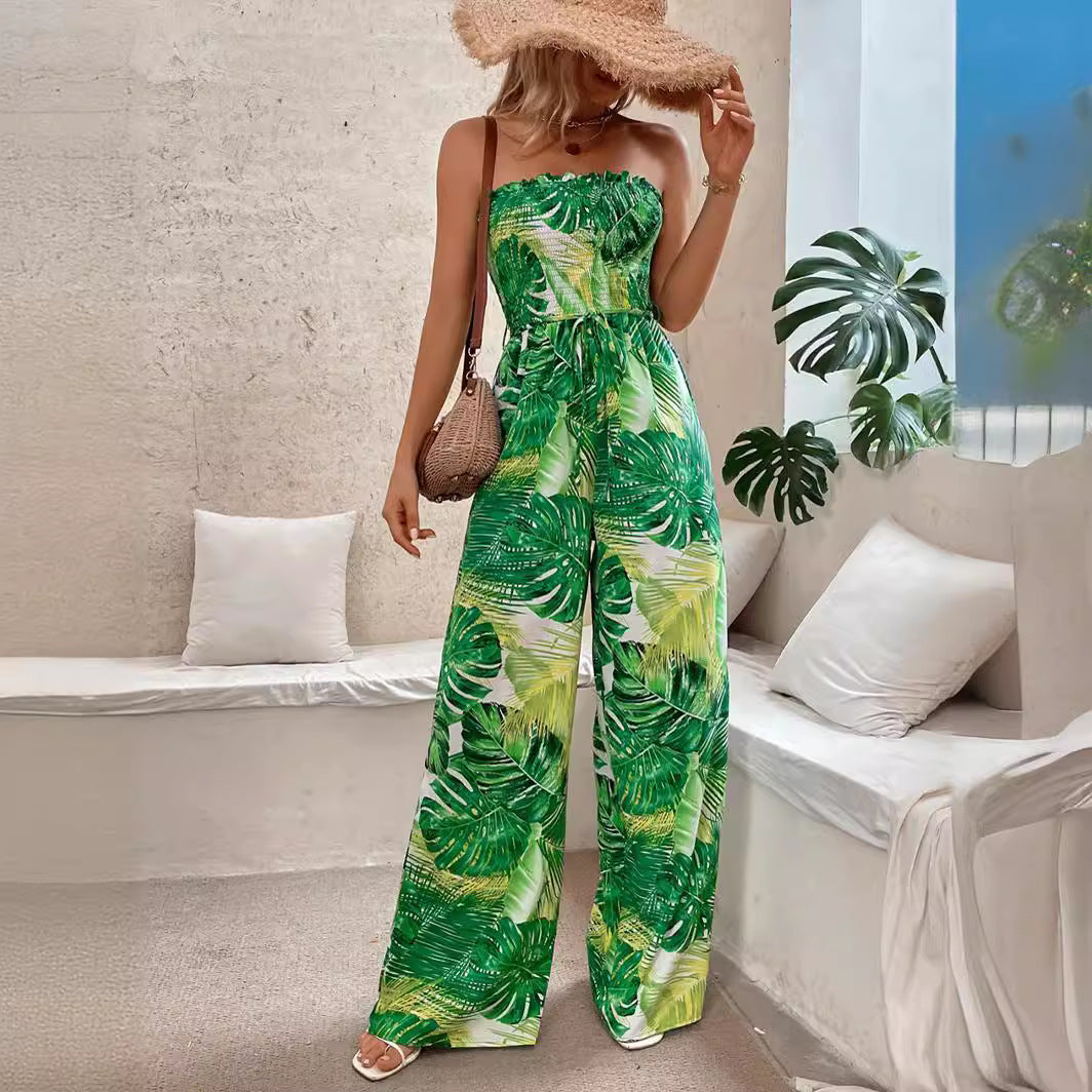 Dame Lang Jumpsuit med Blomsterprint og Elastisk Talje Stilla