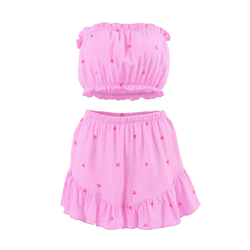 Dame Crop-Top og Shorts-Sæt med Flæse Detaljer Stilla