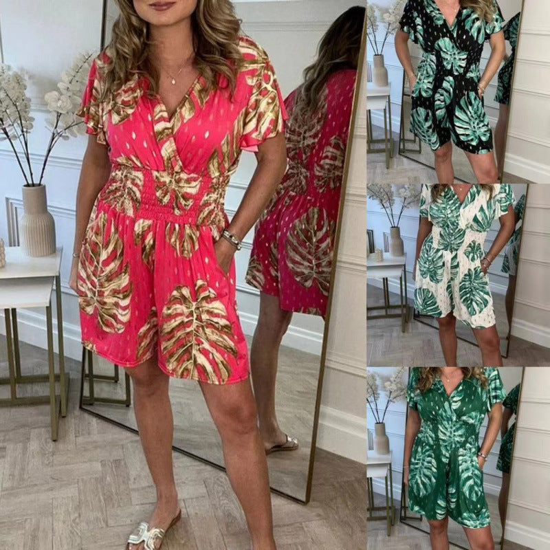 Dame luftig jumpsuit med blomsterdesign og elastisk talje Stilla