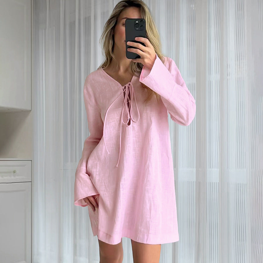 Dame afslappet hør minikjole med legende snøredesign Stilla