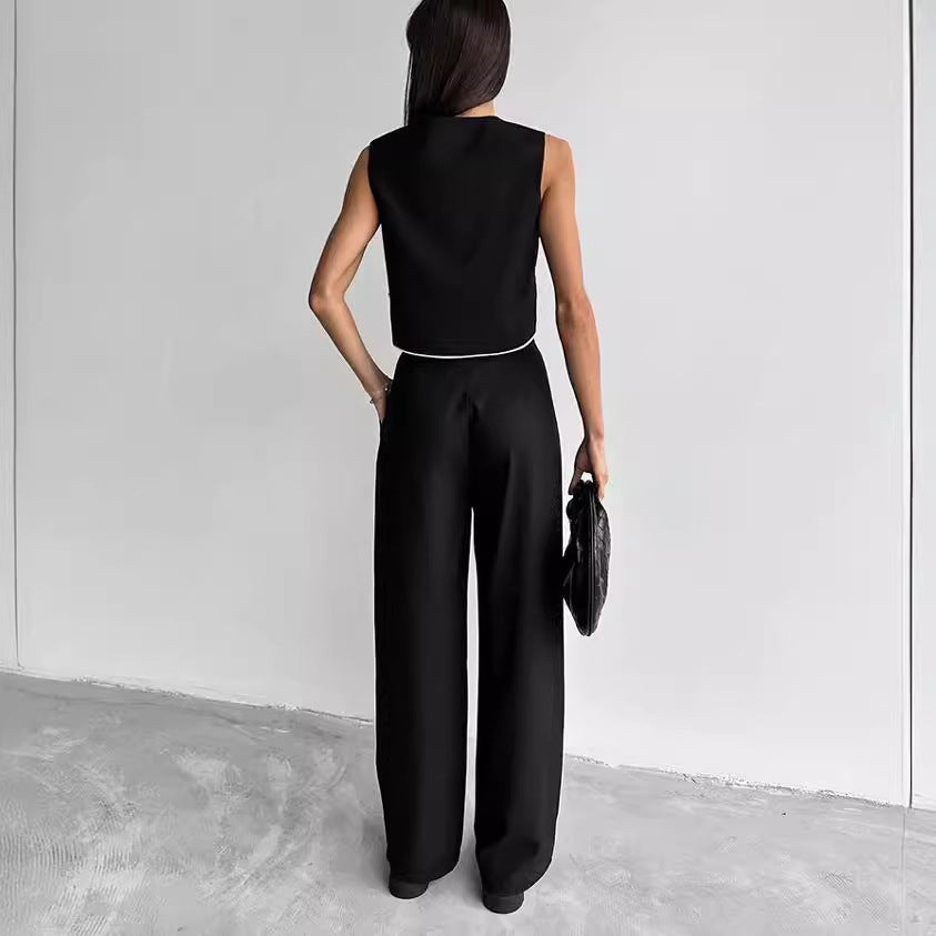 Dame Elegant Cropped Blazer-Sæt med bred buks og moderigtige accenter Stilla