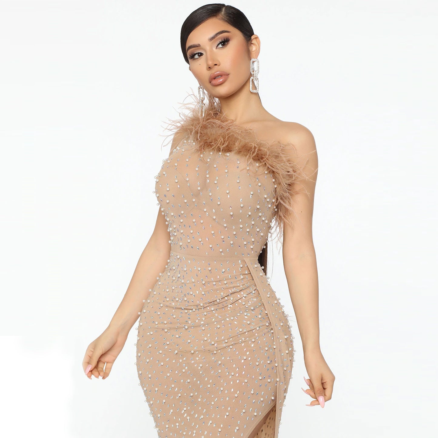 Dame Elegant En-skulder Paillet-Midi-Kjole med Fjerdetaljer Stilla