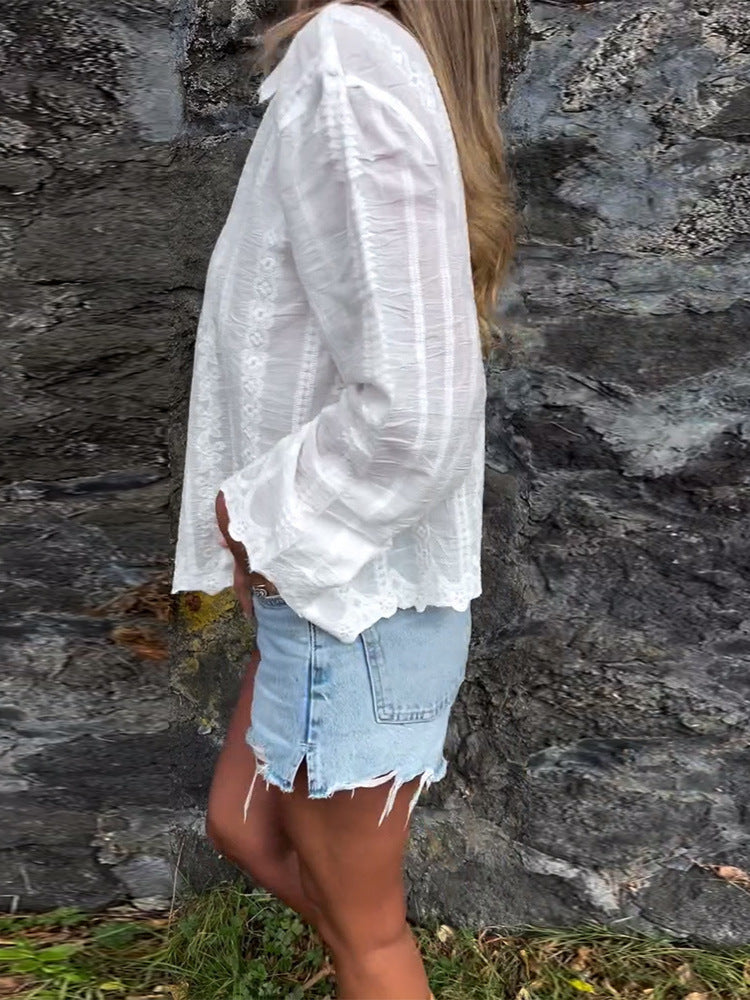 Dame elegant bluse med kunstnerisk spidsudsmykning Stilla