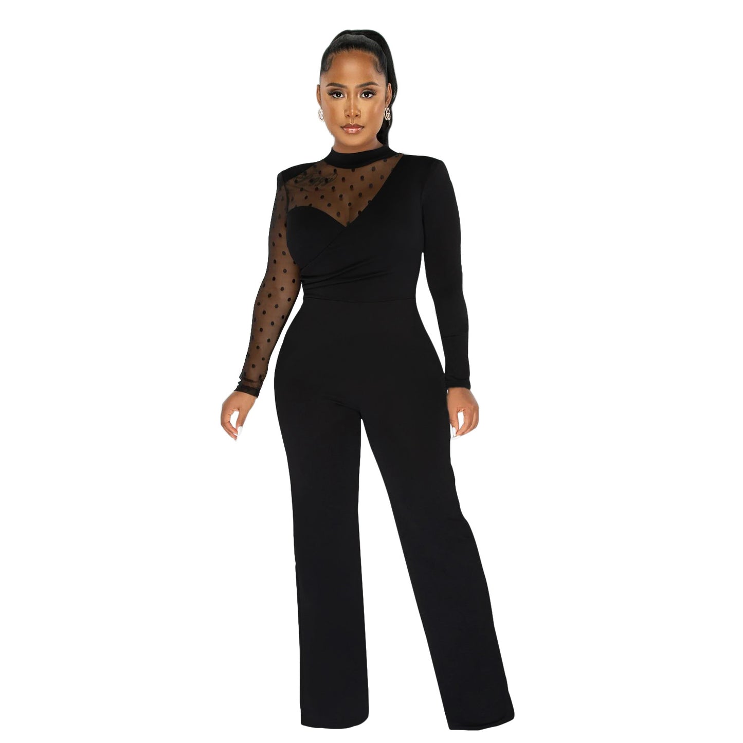 Dame Elegant Jumpsuit med transparente ærmer og stilfuld indpakningsdesign Stilla