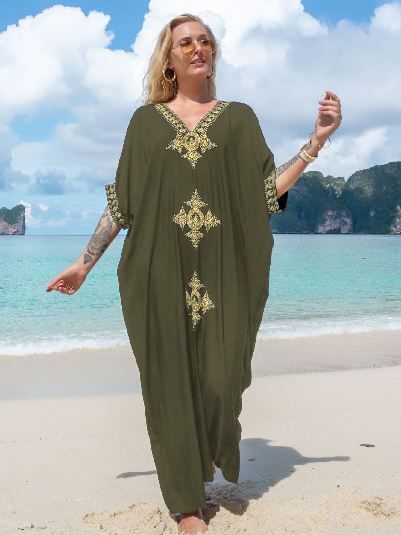 Dame elegant kaftan med kunstnerisk broderi og afslappet snit Stilla