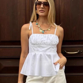 Dame afslappet spaghetti-strop top med innovative flæsedetaljer Stilla