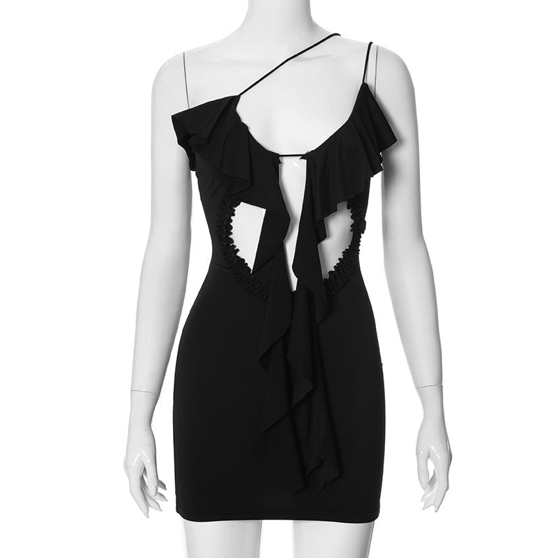 Dame Cut-Out Minikjole med flydende flæserdesign og asymmetrisk stropper Stilla