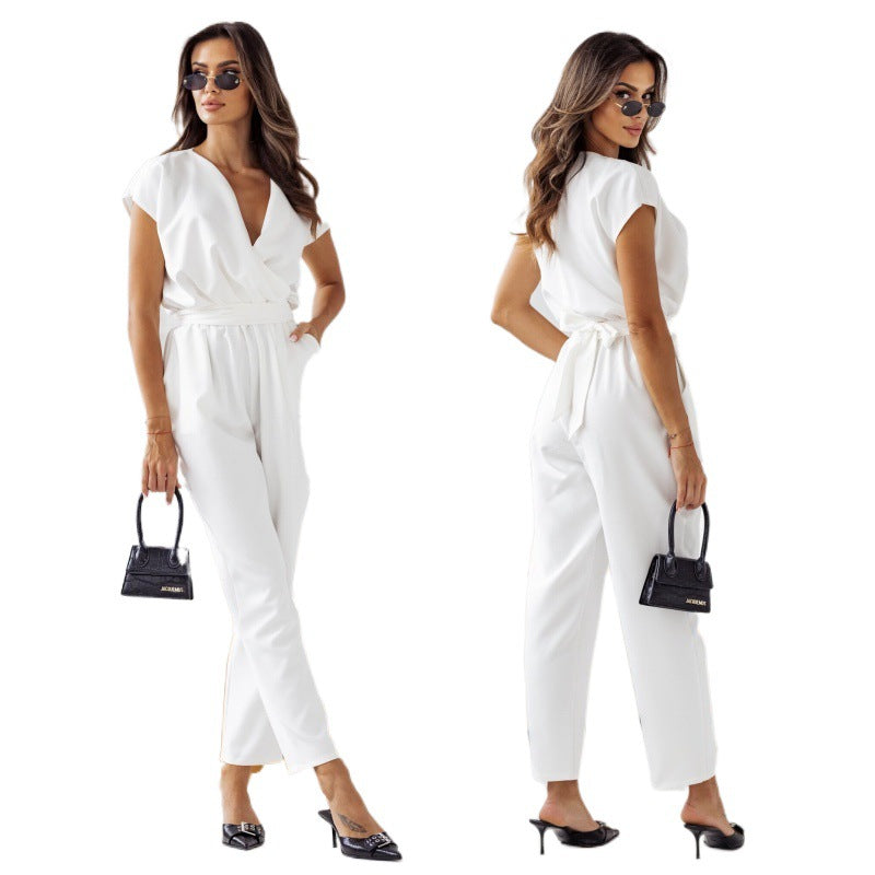 Dame elegant Jumpsuit med indpakningslook og talje bælte Stilla