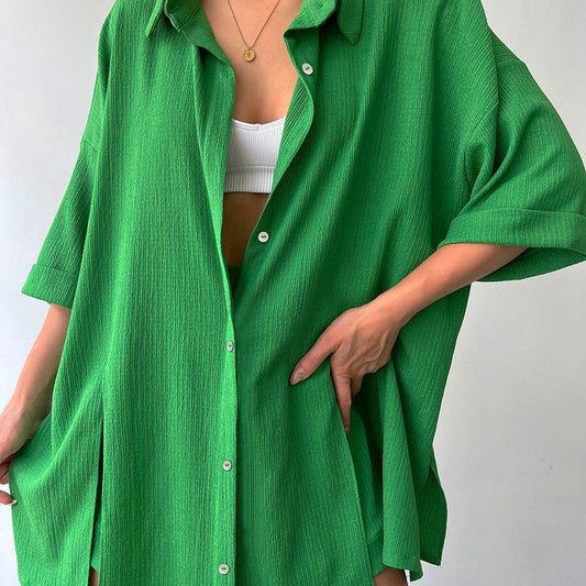 Dame afslappet oversized skjortebluse med struktureret materiale og korte ærmer Stilla