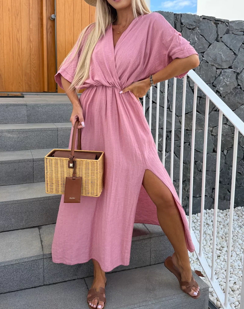 Dame afslappet maxikjole med viklelook og sideslids Stilla