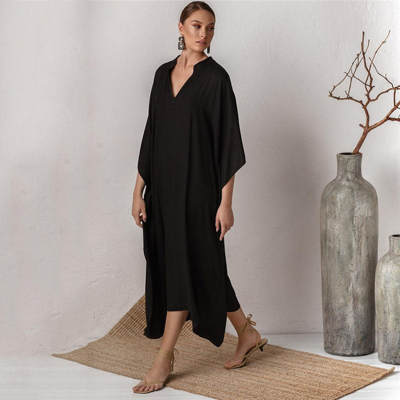 Dame elegant kaftan kjole med dyb V-udskæring og bred skæring Stilla