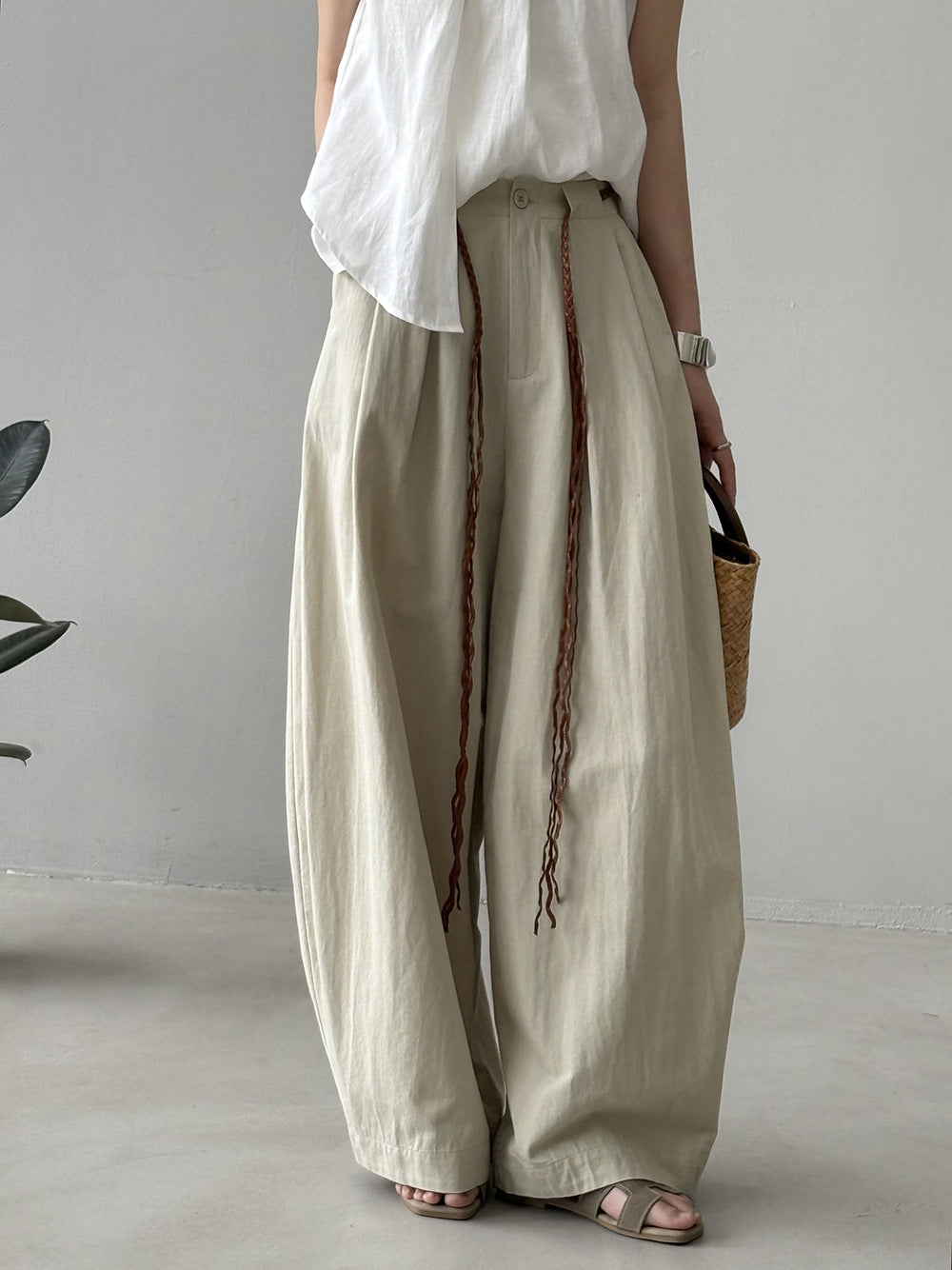 Dame afslappede linnedbukser med bred ben og justerbar talje Stilla