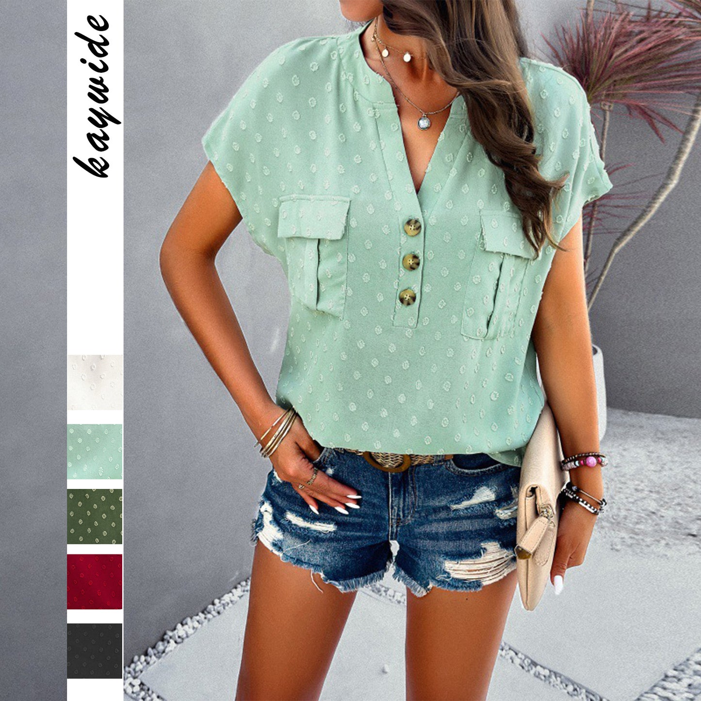 Dame afslappet kortærmet overdel med knaplukning og to brystlommer Stilla