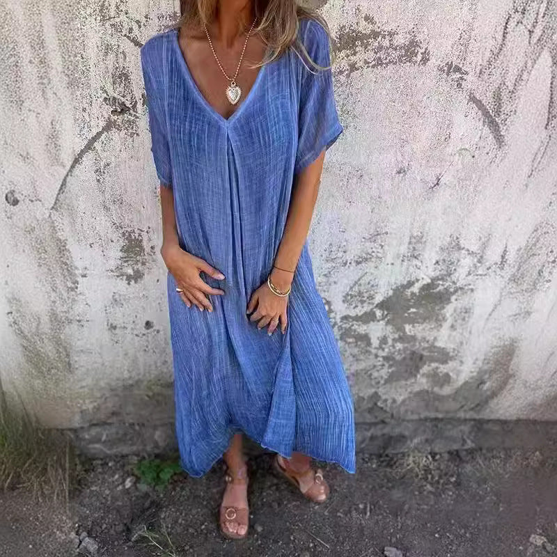 Dame afslappet maxikjole med V-udskæring og luftige ærmer Stilla