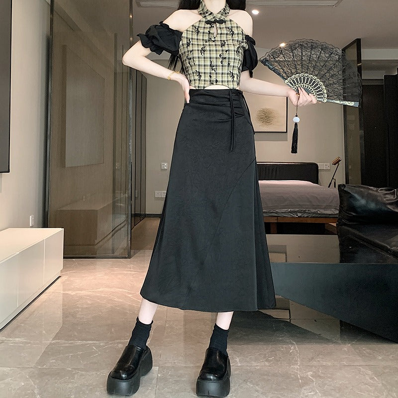 Dame A-linje V-krave Midi nederdel med justerbart bånd Stilla