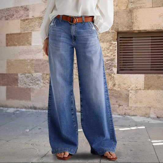Dame brede jeans i boho-stil med høj talje og komfortabel pasform Stilla