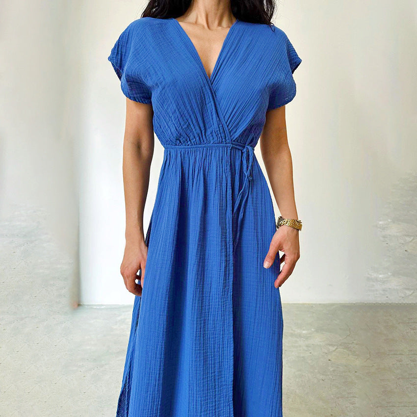 Dame afslappet omslagskjole med elastisk talje og fashionable V-udskæring Stilla