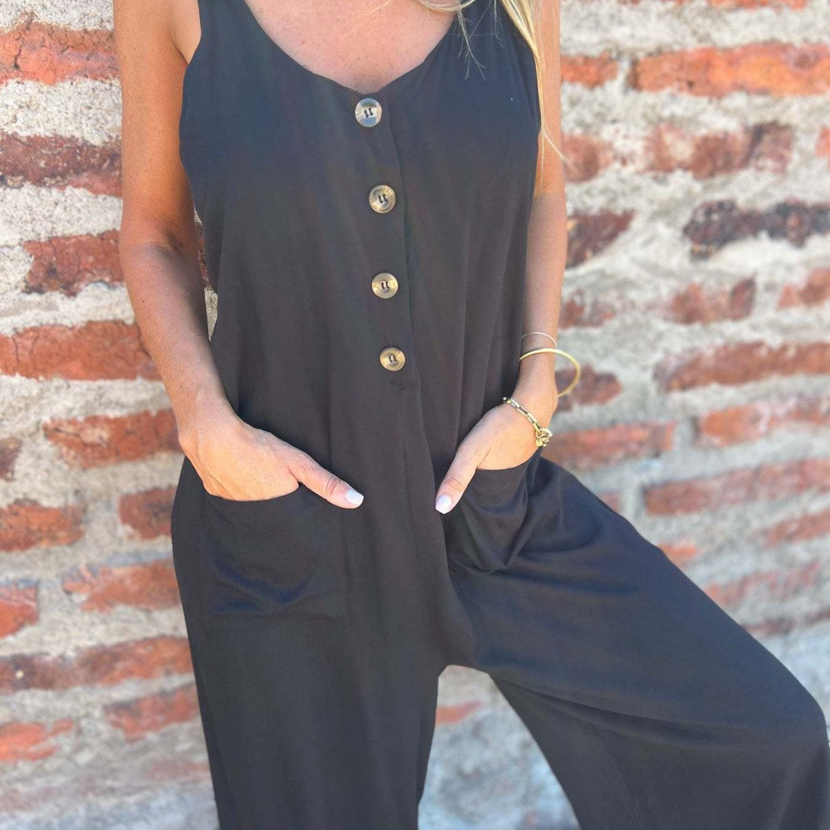 Dame Elegant Jumpsuit med knap- og lomme-design Stilla