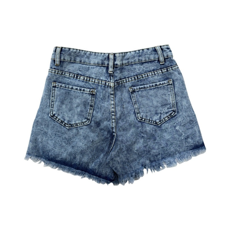 Dame Destroyed Denim-Shorts med modish lommer og frynset kant Stilla